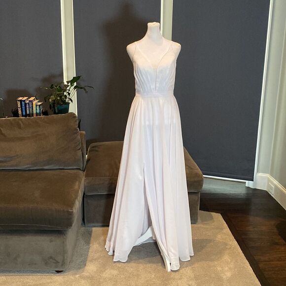 Women’s Elegant White Chiffon Full Length Dress CorsetBack Leg Slit Size 2 *READ - Picture 3 of 12